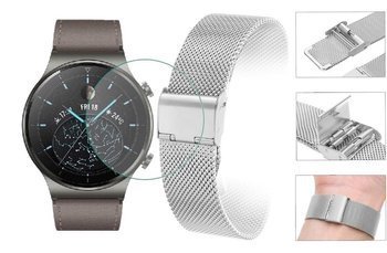 Opaska pasek bransoleta Milanese band z zapięciem Huawei Watch GT 2 PRO 46mm srebrna +szkło hartowane na ekran